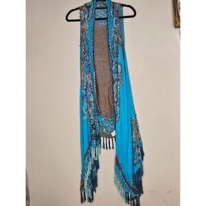 Raj Anthropologie Boho Chic thick stitch Embroidered‎ O/S Duster Fringe Hippie